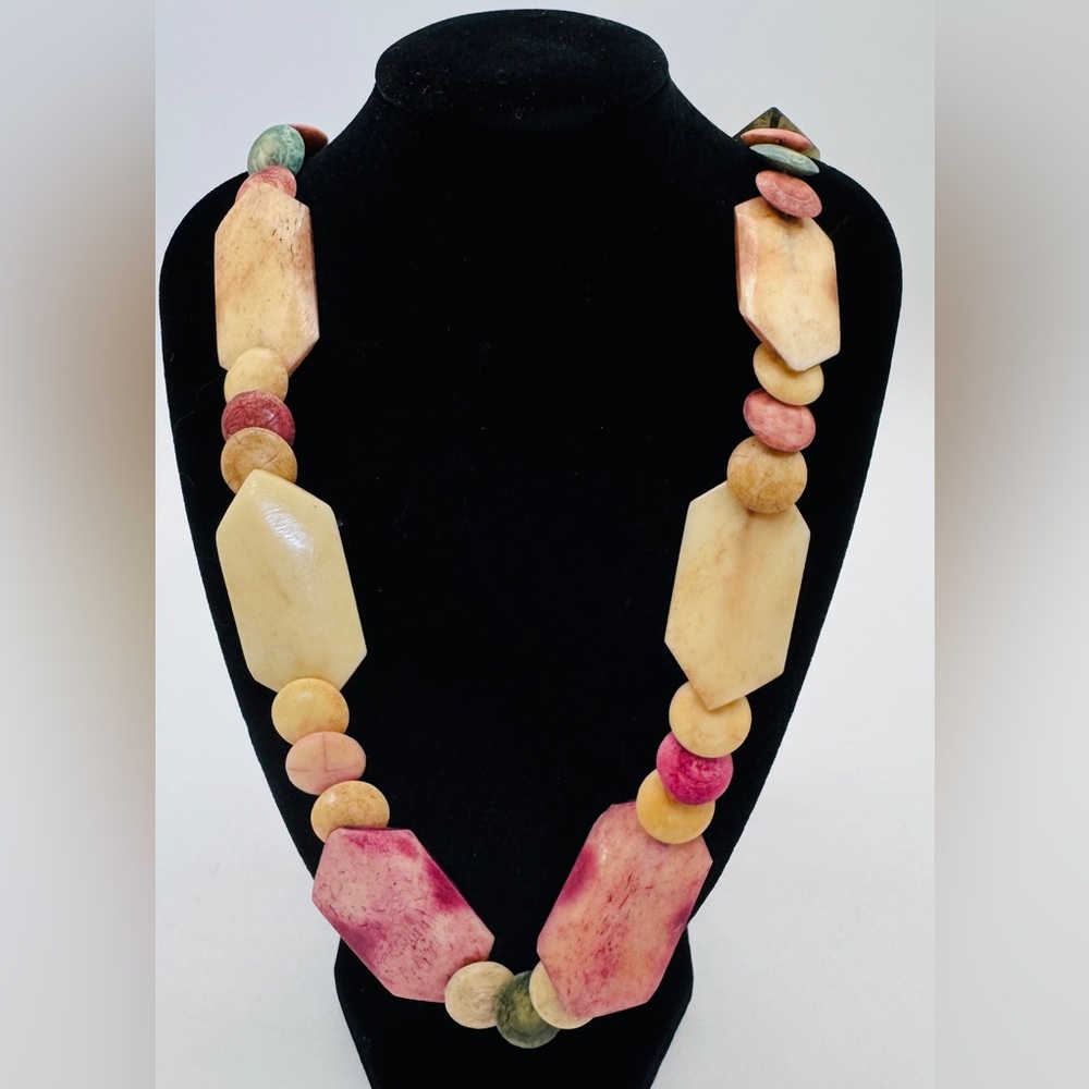 Vintage‎ 32” Hand-carved Bone Necklace - Pink, Cream & Green Bohemian Tribal